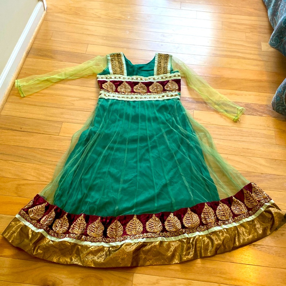 Green Long Sleeve Gold & Brown Embroidered Dress M